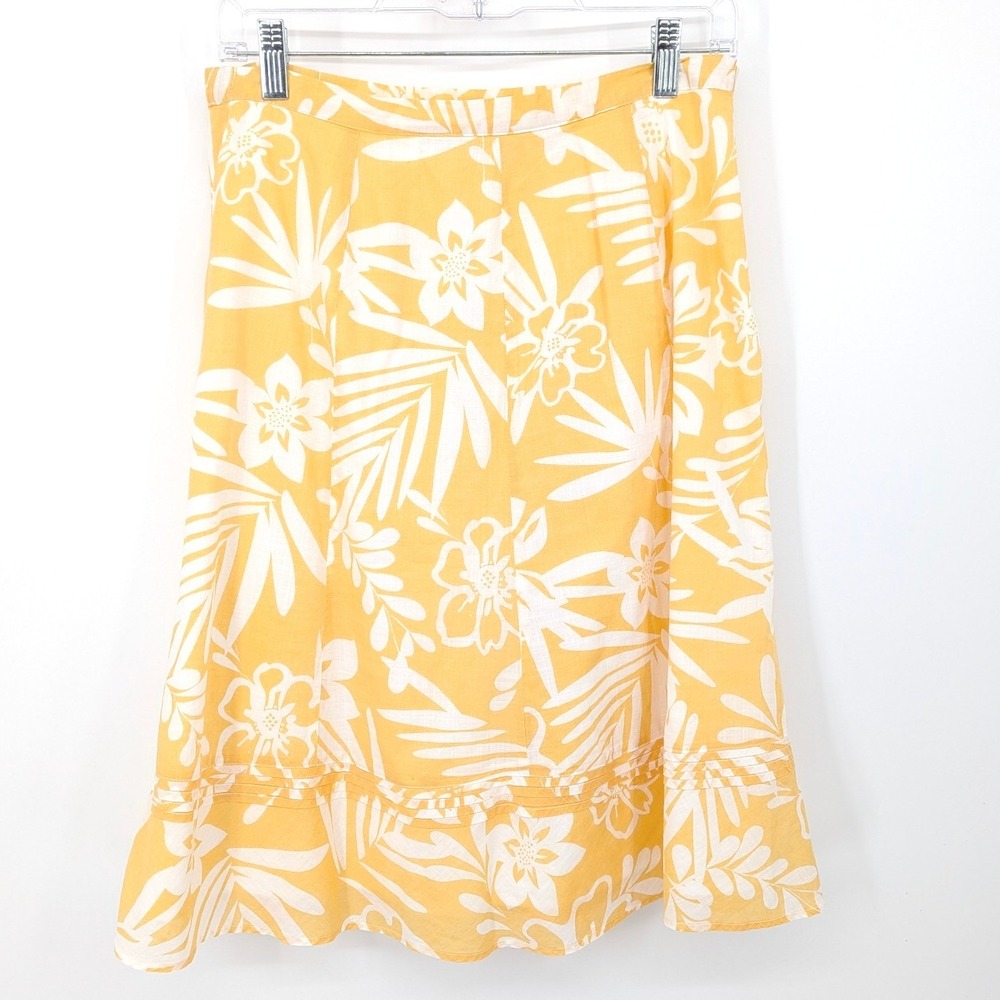 Chicos Midi Skirt Womens Medium Yellow Floral Tropical Cotton Ruffle Vacation - Picture 1 of 8